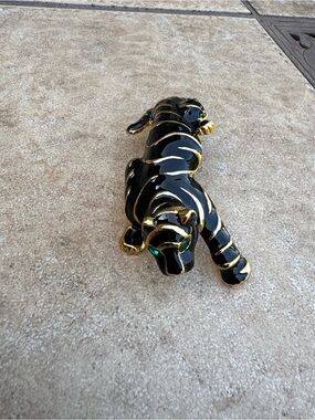 Black and Gold Climbing Tiger broach with Green Eyes. Vintage